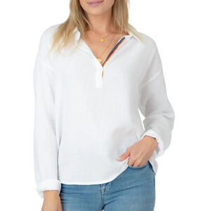 Dylan Reese Pullover White Cotton Gauze Long Sleeve Blouse Rainbow Trim Collar